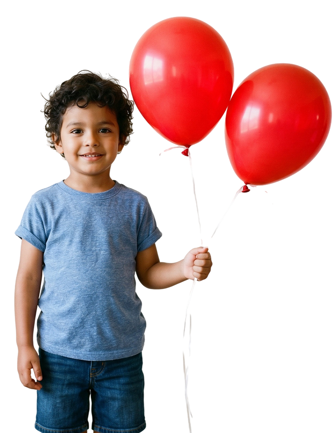 Young boy holding two red balloons.